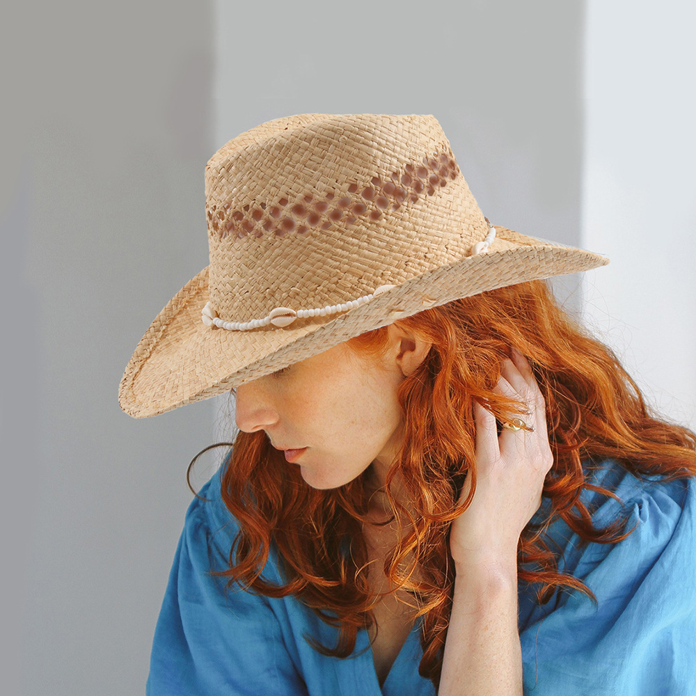 Cowboy Hat Straw - หมวกสานปีกกว้างทรงคาวบอย รุ่นใหม่ปี 2026 ทำจากเชือกป่านถักมือ หมวกกันแดดชายหาดสำหรับผู้หญิง ปีกกว้าง