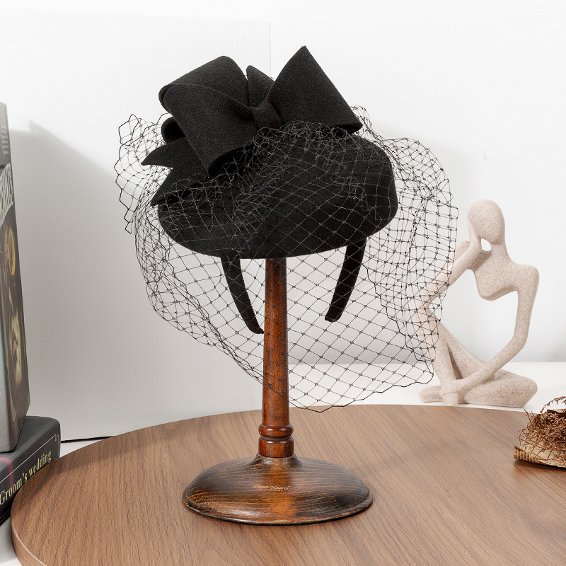 Beret French Wool - หมวกเบเร่ต์สีดำสไตล์ฝรั่งเศส ประดับโบว์ สำหรับผู้หญิง วัสดุผ้าขนสัตว์ เหมาะสำหรับงานเลี้ยงน้ำชา งานโบสถ์