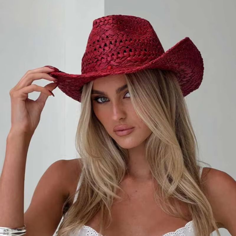 Cowboy Hat Straw - คาวบอยหมวกสีแดงมือวาดฤดูร้อนหมวกฟางผู้ชายและผู้หญิงคาวบอยหมวกท่องเที่ยวกลางแจ้ง Sun Protection หมวกชายหาด sombrero vaquero