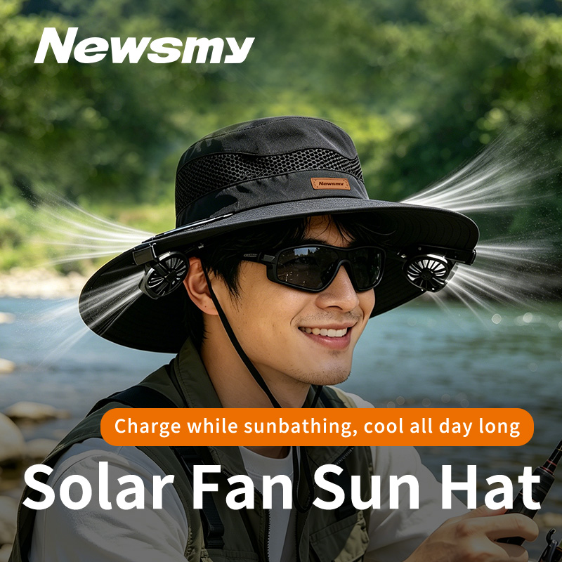 Sun Hat Wide Brim - NEWSMY หมวกกันแดดพลังงานแสงอาทิตย์พร้อมพัดลมระบายความร้อนคู่ ป้องกันรังสียูวี UPF50+ แผงโซลาร์เซลล์และชาร์จไฟผ่านพอร์ต Type-C