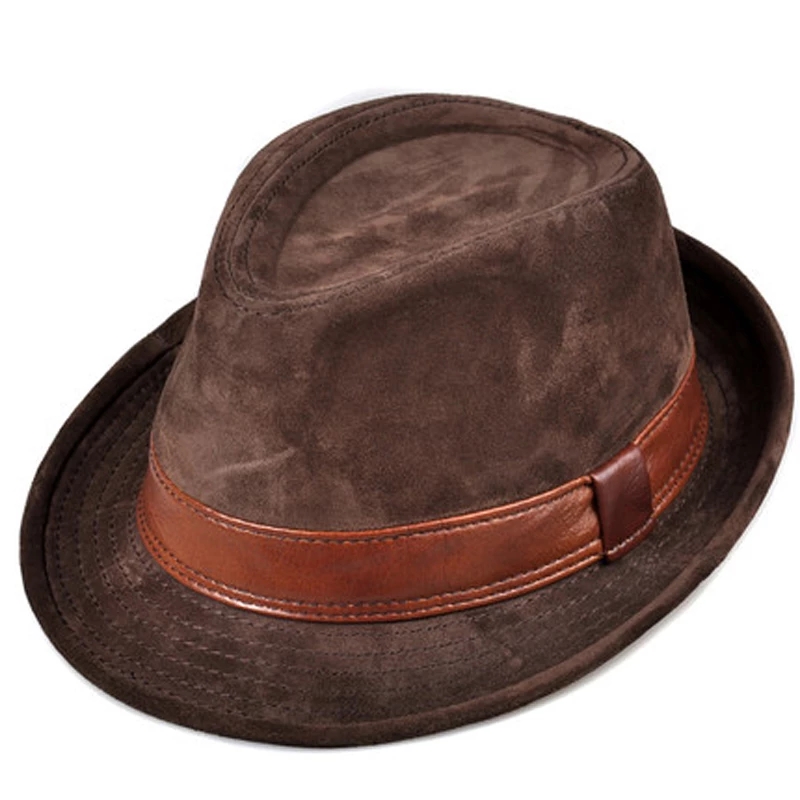 Fedora Hat Wool - ผู้ชายหนังหนังนิ่มหนังวัว Nubuck สีน้ำตาล Fedoras หมวกผู้หญิงสุภาพบุรุษชาย Jazz